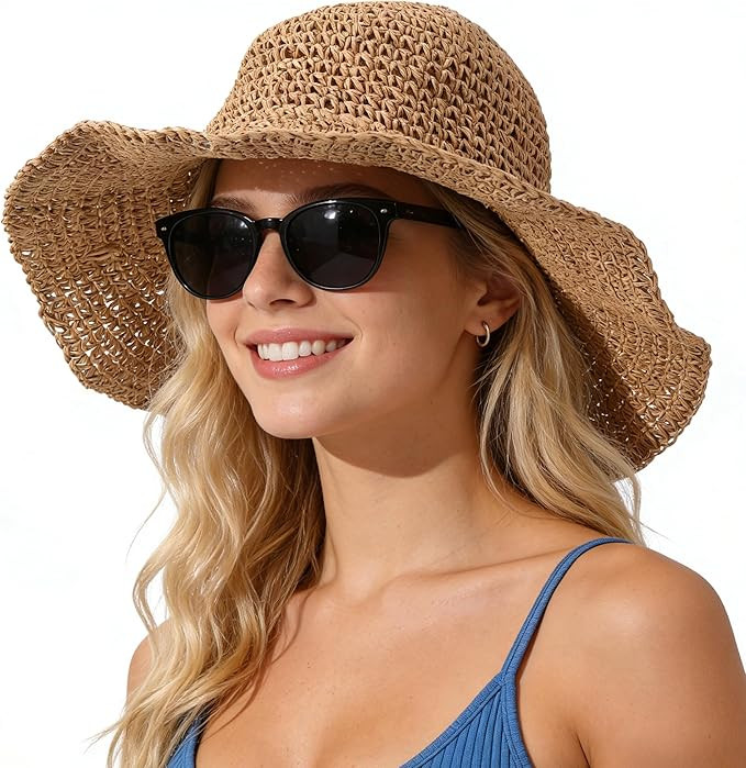 Womens Beach Straw Hats Floppy Wide Brim Crotchet Sun Hat Foldable Packable Summer Outdoor Vacati... | Amazon (US)