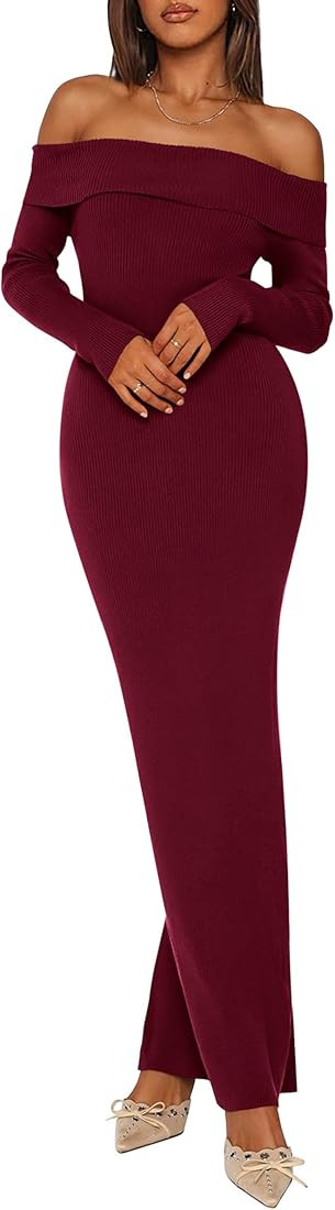 PRETTYGARDEN Women's Winter Sweater Dress Long Sleeve Off Shoulder Slit Maxi Bodycon Cocktail Par... | Amazon (US)