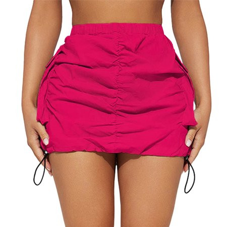 Pink Polyester Short Shrink-to-Fit Expandable Waist Skirt Womens Cargo Skirt Casual Summer High Waisted Bodycon Pencil Ruched Mini Skirts Side Drawstring With Pocket | Walmart (US)