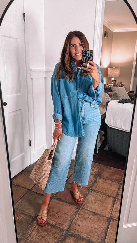 Casual spring outfit

High-rise wide crap from Madewell on sale 20% off exclusively through LTK 

Long sleeve chambray button down (linking similar options)

Woven bag is from Amazon 
Leather slides are from Amazon and they’re so comfy !



#LTKSaleAlert #LTKOver40 #LTKStyleTip