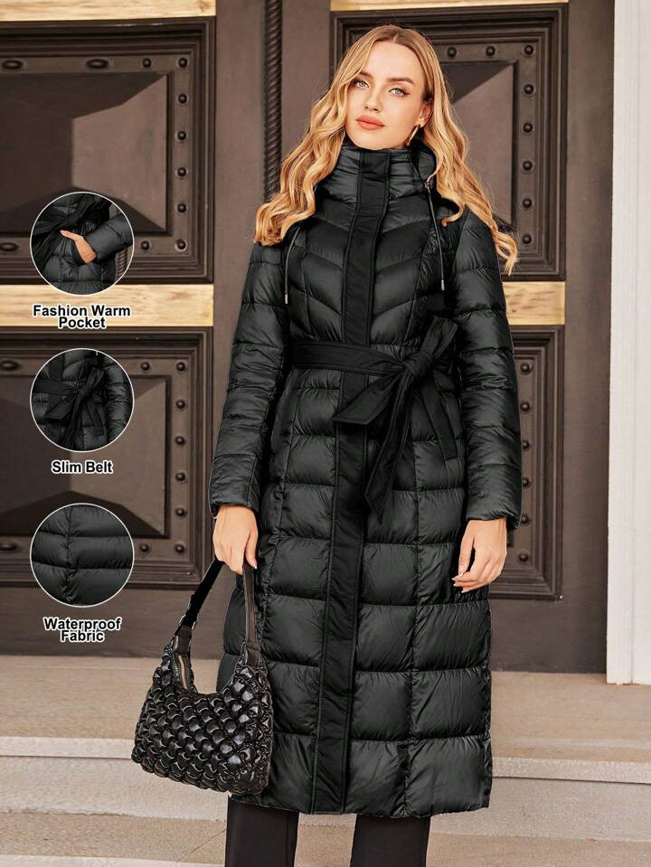 ZIAI High Quality Solid Color Hooded Slim Winter Long Padded Coat | SHEIN