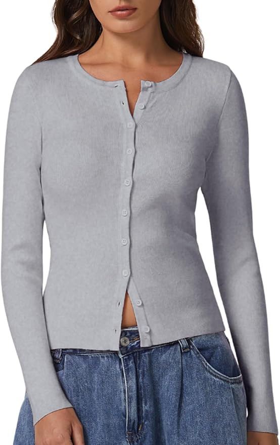 QINSEN Womens Long Sleeve Crewneck Cardigan Sweater Lightweight Button Down Knit Tops Outerwear | Amazon (US)