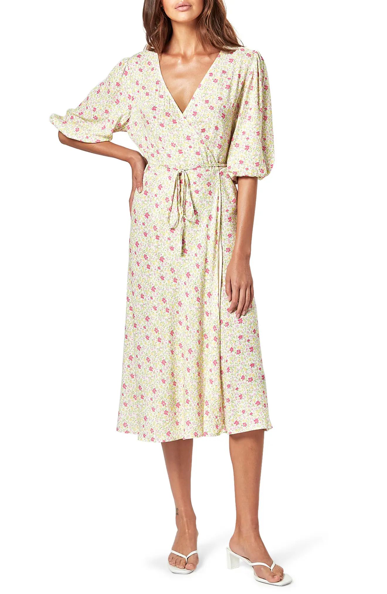 Women's Charlie Holiday Presley Floral Midi Wrap Dress, Size X-Small - Yellow | Nordstrom