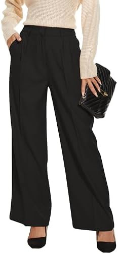 FUNYYZO Women's Wide Leg Pants High Elastic Waisted in The Back Business Work Trousers Long Strai... | Amazon (US)