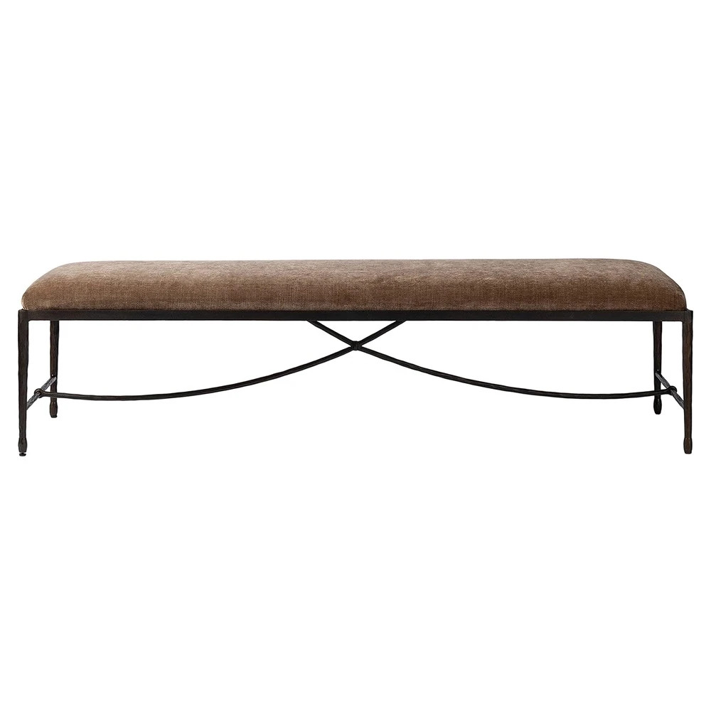 Jane Updated Traditional Altair Mushroom Velvet Bronze Iron Bench | Kathy Kuo Home