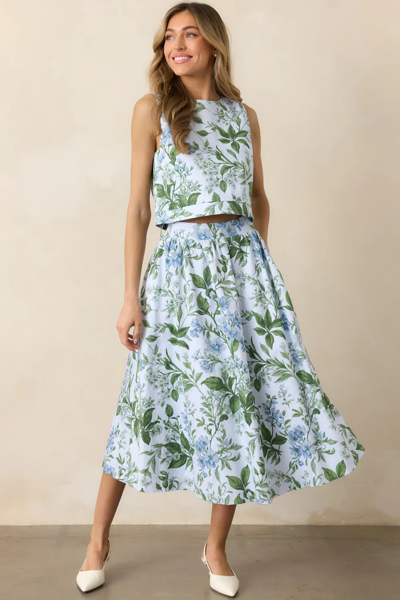 Thena Blue Lilacs Botanical Print Cotton Midi Skirt | Red Dress