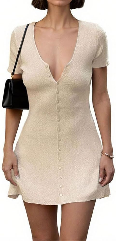 Women Sexy Deep V Neck Button Front Knit Mini Dress Elegant Short Sleeve Ribbed Flowy Hem A-Line ... | Amazon (US)