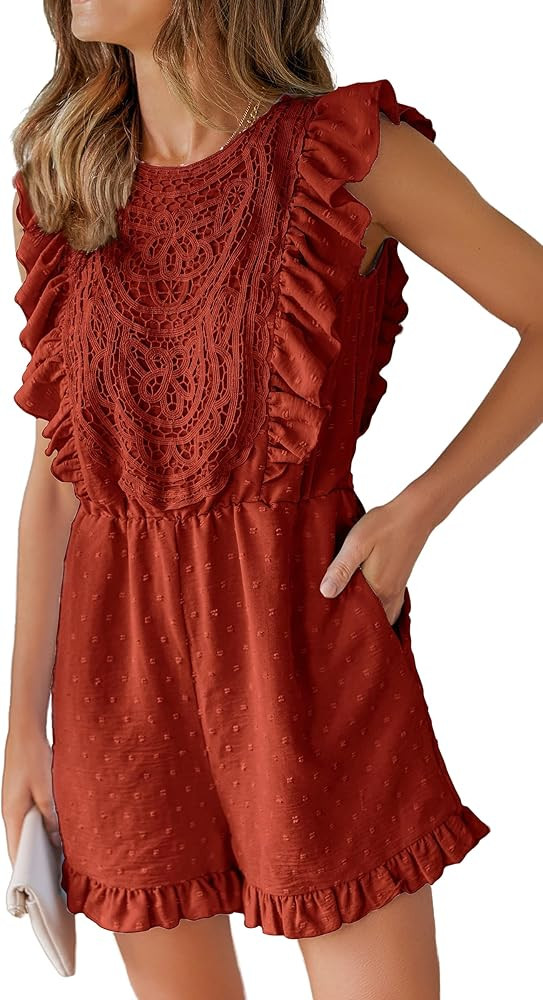 Angashion Womens Rompers 2024 Dressy Summer Casual Embroidery Lace Print One Piece Outfit Ruffle ... | Amazon (US)
