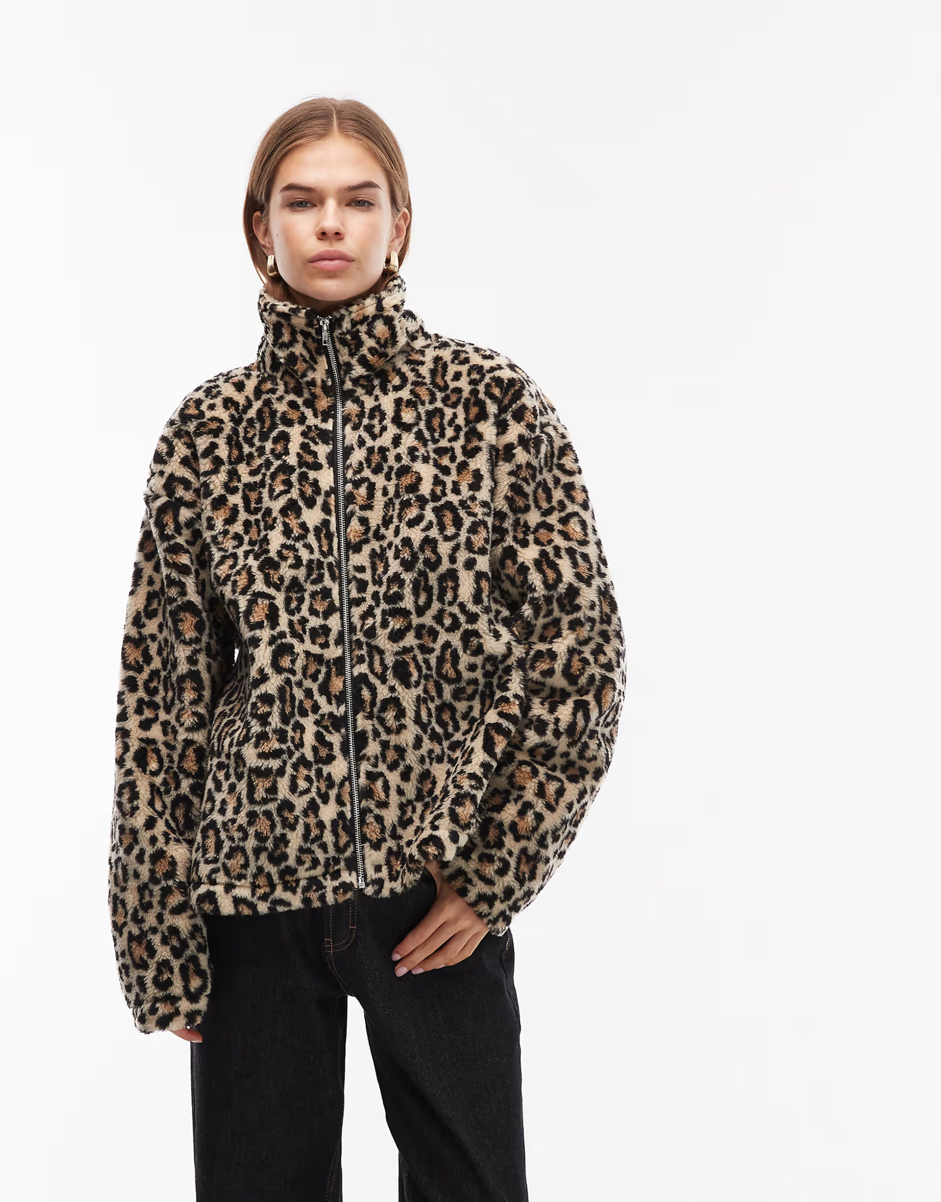 ASOS DESIGN funnel neck zip through borg fleece in leopard print | ASOS (Global)