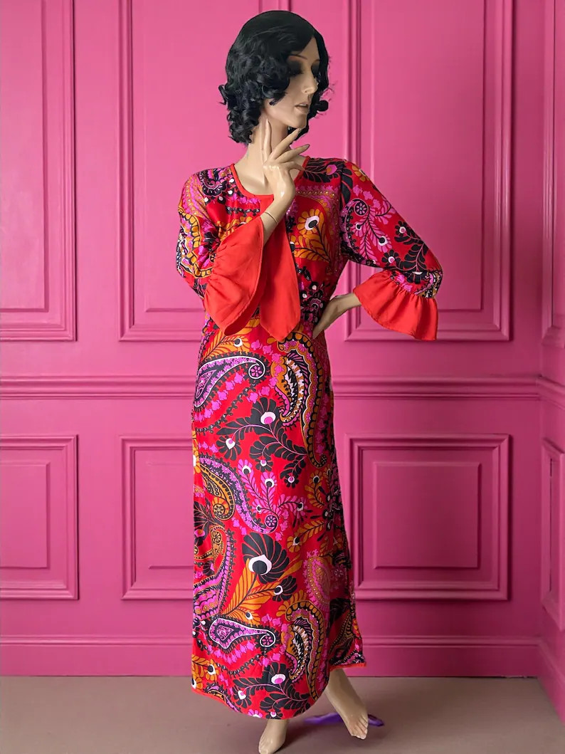 Vintage 70s novelty duck fish peacock feather print maxi dress 12 14 | Etsy (Global)