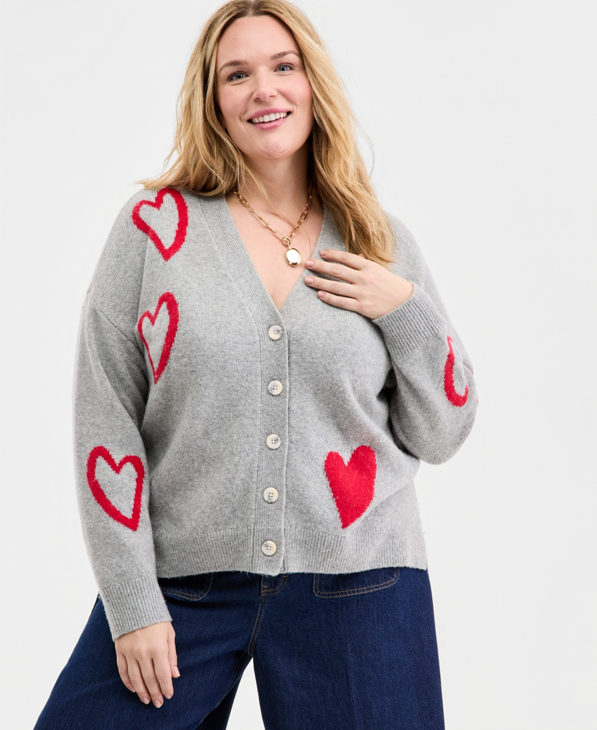 On 34th Trendy Plus Size Heart Intarsia-Knit Cardigan, Macy's Exclusive - Light Grey Heather | Macy's