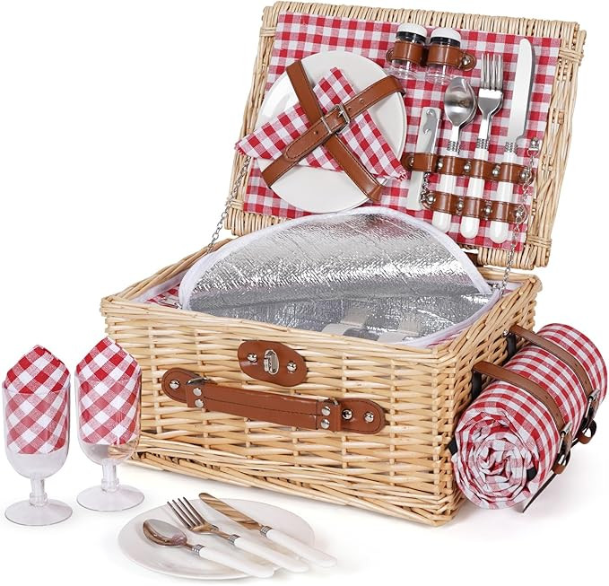 HappyPicnic Picnic Basket Set for 2 - Wicker Picnic Basket with Waterproof Blanket & Insulated Li... | Amazon (US)