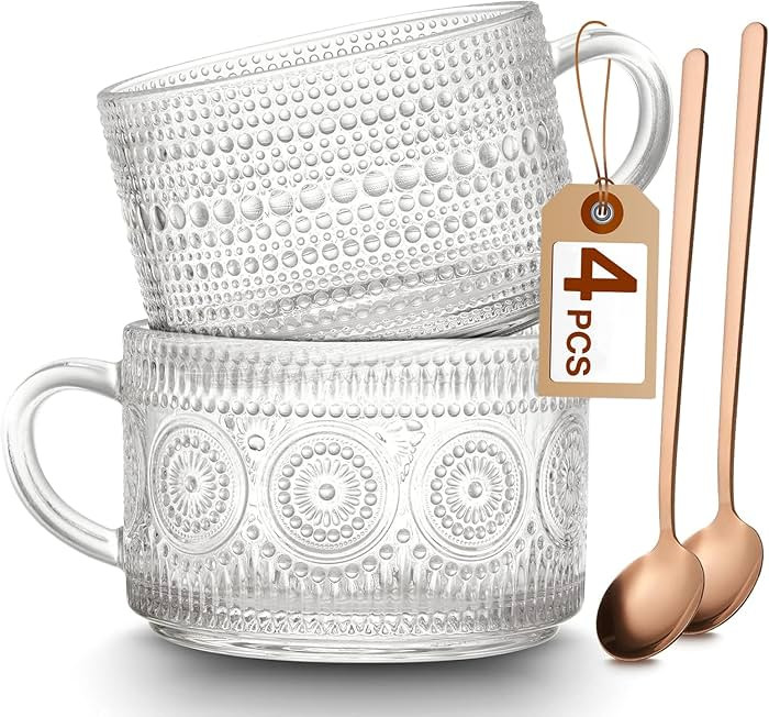 Mfacoy Vintage Coffee Mugs Set of 2, 14 oz Embossed Glass Cups with Handle, Clear Cups for Cappuc... | Amazon (US)