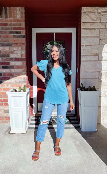 Top(gifted): I am wearing a small. •Jeans: I am 5’4” wearing a 25, high waisted, true denim and no stretch. •Sandals: I ordered my normal size. 

#LTKSeasonal #LTKunder50 #LTKshoecrush