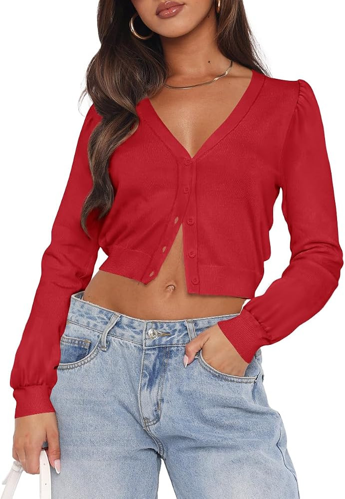 Ezbelle Cardigan Sweater Women's V Neck Tops Knit Crop Button Shirt Puff Sleeve Open Front Summer... | Amazon (US)