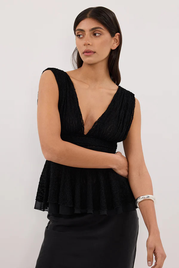 LIZZIE BLACK LACE PEPLUM TOP | DISSH
