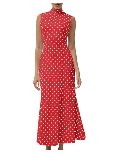 Milumia Women's Polka Dots Maxi Tank Dress Vintage Mock Neck Sleeveless Elegant Long Dresses Red X-Large | Amazon (US)