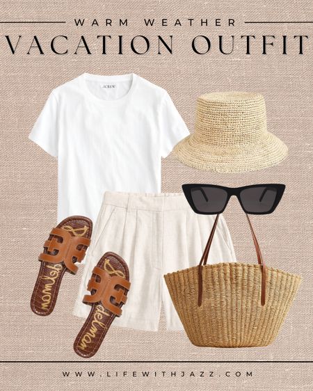Warm weather vacation outfit 🖤

- Abercrombie pieces are 15% off [shorts are 25% off] this weekend [copy and paste the code] 

Spring / summer / vacation outfit / linen shorts / white tee / straw hat / straw tote / sandals / sunglasses 

#LTKStyleTip #LTKTravel #LTKSeasonal