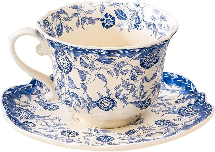 French style blue and white retro teacup and saucer set, 6.8 oz teacup and saucer, with decoratio... | Amazon (US)