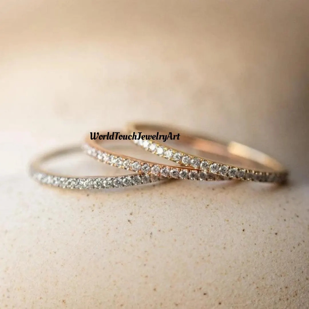 1.5mm Micro Pave Eternity Diamond Ring, Delicate Diamond Wedding Band, Full Eternity Stacking Rin... | Etsy (US)