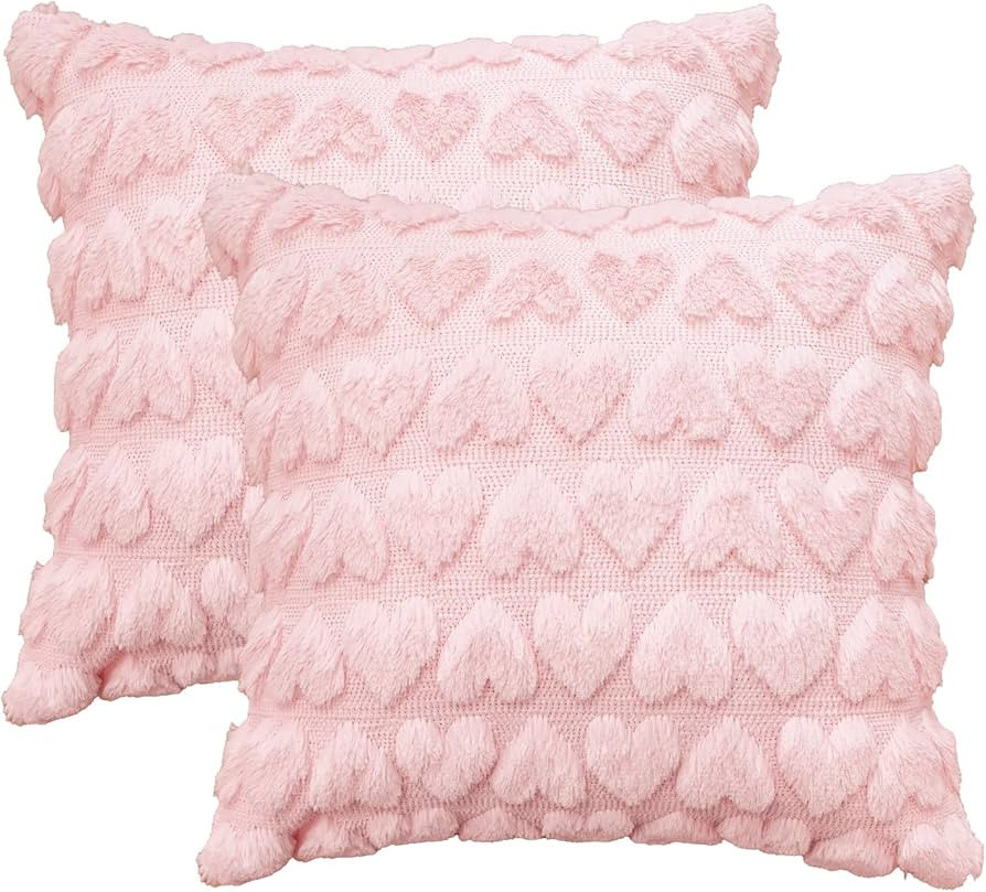 AVOIN colorlife Valentine's Day Love Heart Throw Pillow Cover Set of 2, 18 x 18 Inch Pink Soft Pl... | Amazon (US)