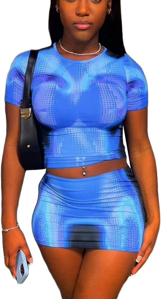 Women Y2K Skirt Set Short Sleeve Tie Dye Print Crop Tops Bodycon Mini Skirt 2 Piece Set Summer Ou... | Amazon (US)