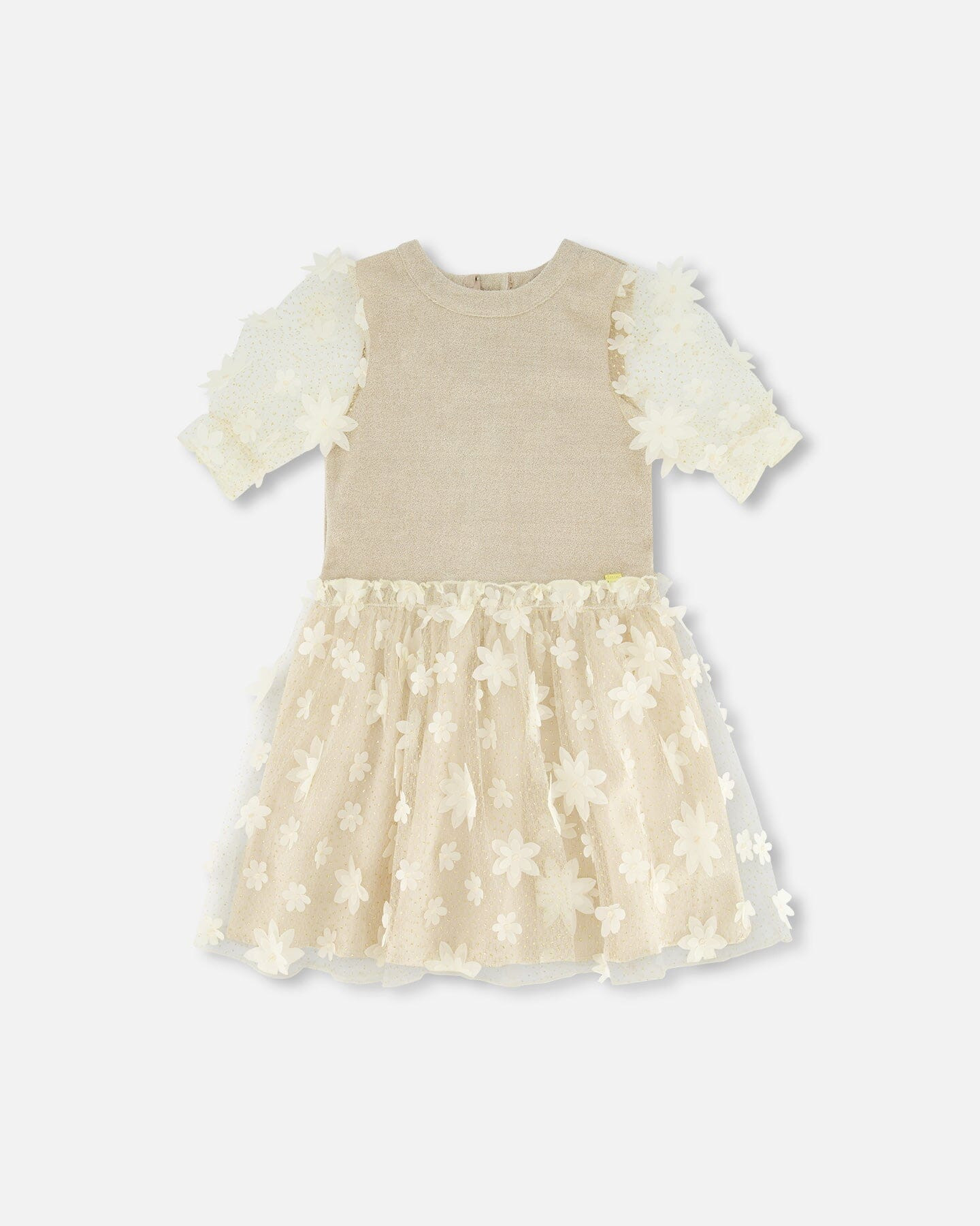 Elbow Sleeve Dress With Tulle Skirt Glittering Beige - Deux par Deux | Deux par Deux Childrens Designer Clothing