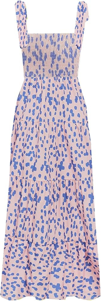 kinstell Women's Summer Boho Spaghetti Strap Square Neck Ruffle Casual Flowy Long Dress Beach Swi... | Amazon (US)