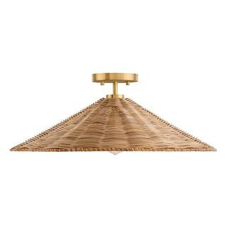 22 in. W x 8 in. H, 1-Light Natural Brass Semi- Flush Mount with Natural Rattan Shade | The Home Depot