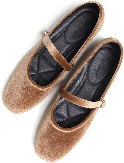 Stunner Mary Jane Square Toe Black Ballet Flats for Women Comfortable Ankle Strap Casual Slip On ... | Amazon (US)