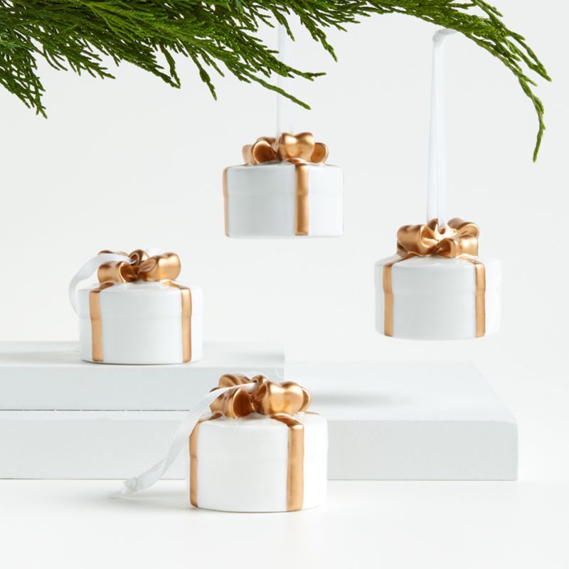 Round White & Gold Present Christmas Tree Ornaments, Set of 4 + Reviews | Crate & Barrel | Crate & Barrel