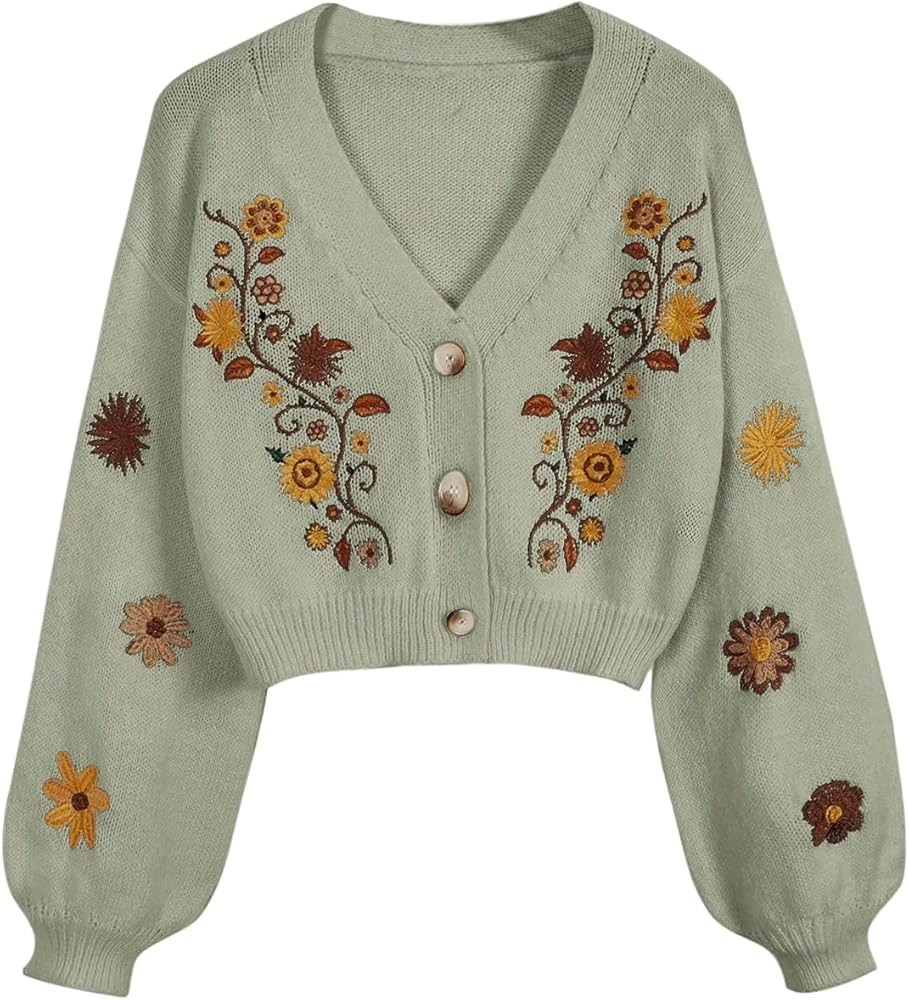 Women's Floral Boho Cardigan Sweater Cottagecore Cropped Cardigan Western Embroidery Button Down ... | Amazon (US)