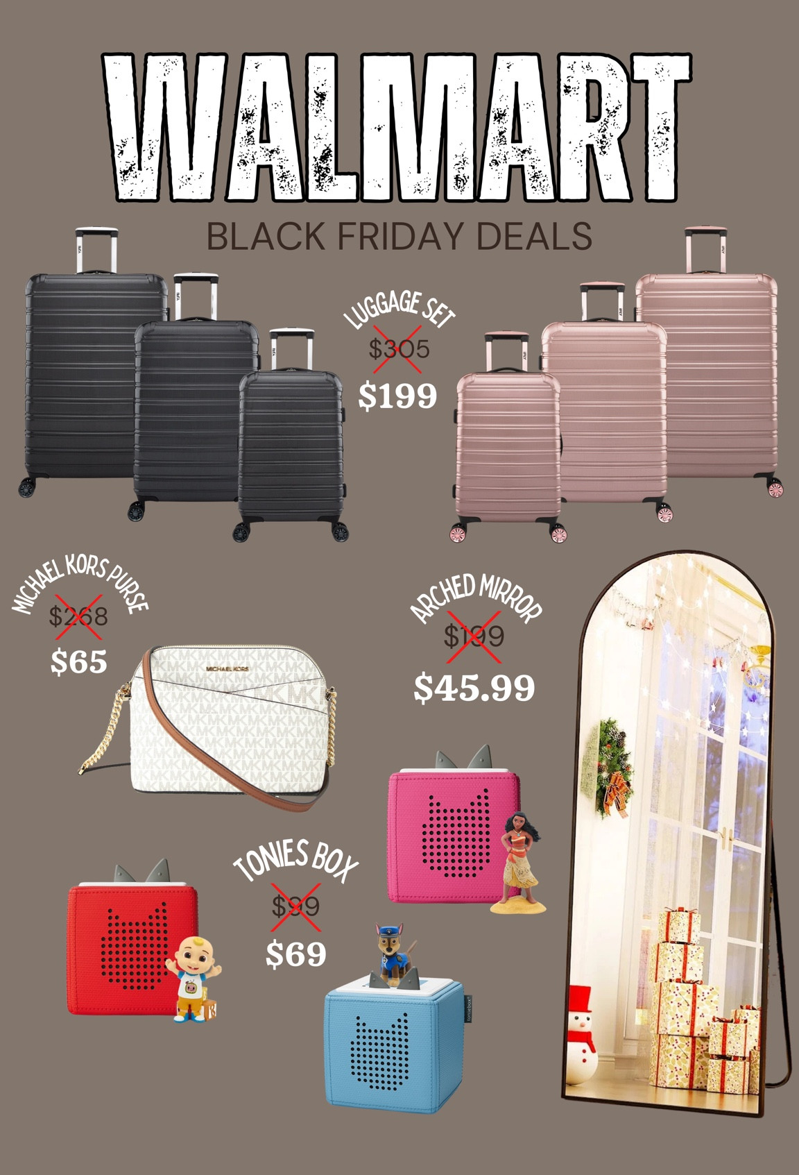 Shop my current top Walmart Black Friday Sale picks! I own and love each of these items 👏🏼 We’ve been using this luggage set the last couple years and it’s held up so well. The mirror is an absolute steal (I paid $139 for mine)! My sister gifted me that exact Michael Kors purse from Walmart a couple years ago and I still use it on repeat! And the tonies box is one of my boys top used toys ♥️ 

#walmartdeals #walmart #giftguide #blackfridaydeals

#LTKFamily #LTKGiftGuide #LTKSaleAlert