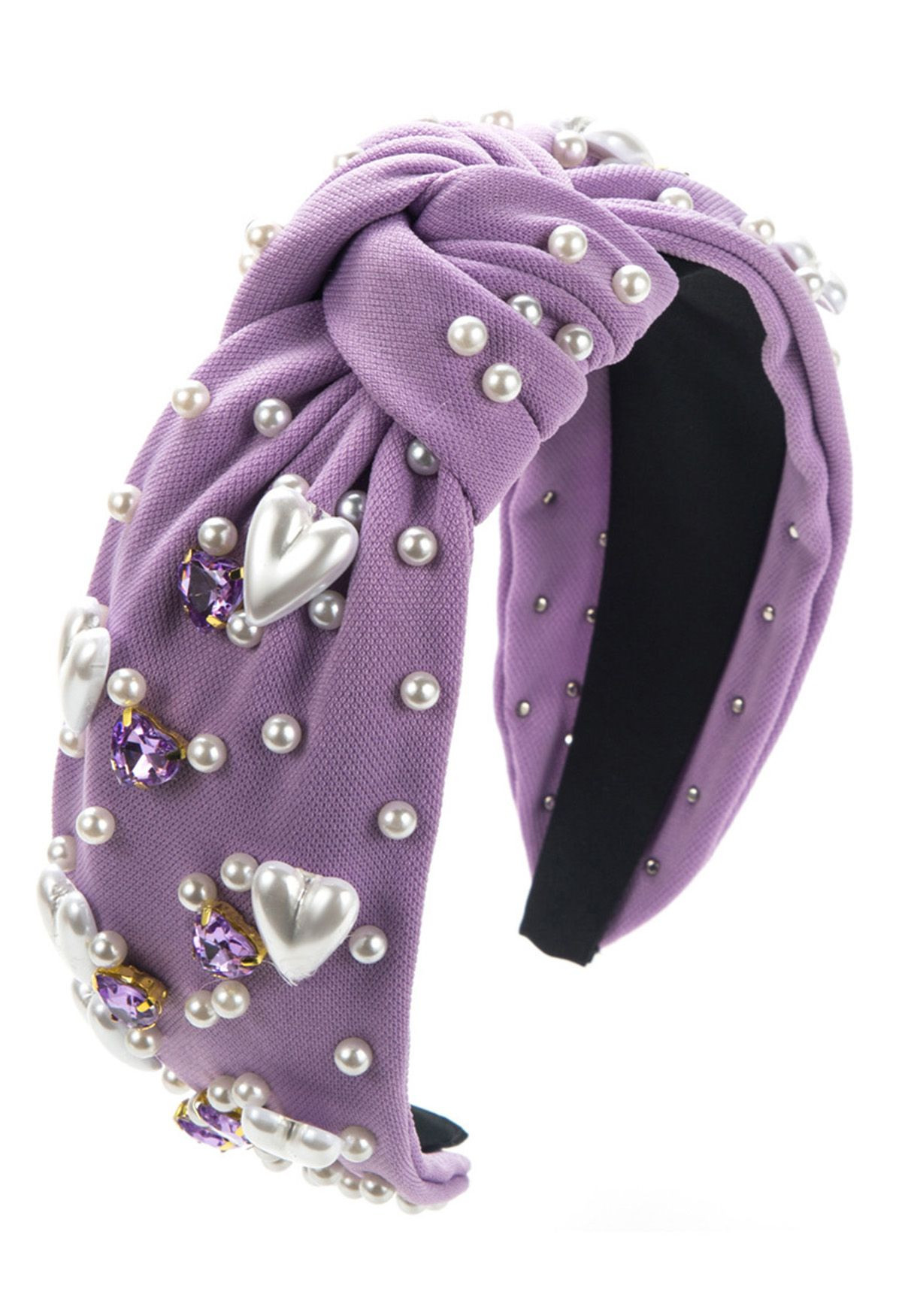 Heart Rhinestone Pearl Knotted Headband in Purple | Chicwish