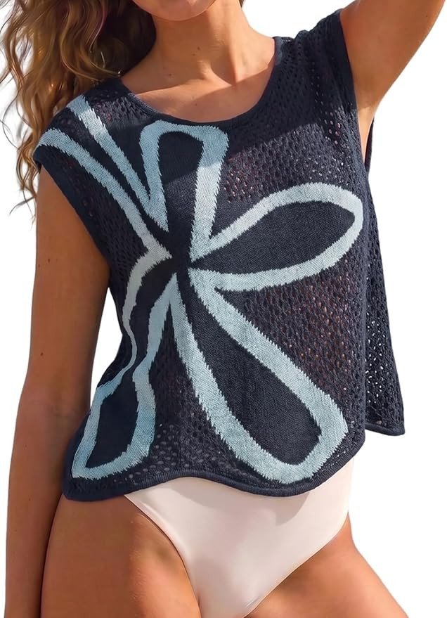 Women's Crochet Cover Up Tops 2026 Summer Swimsuit Hollow Out Short Sleeve Beach Floral Cover Up ... | Amazon (US)