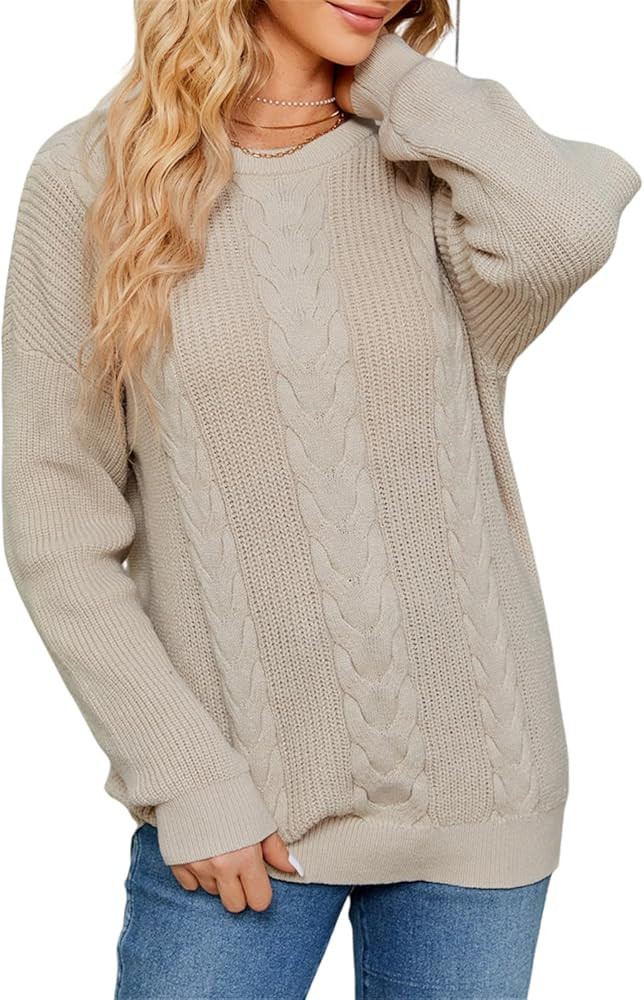 Women's 2023 Fall Solid Knit Cable Sweater Vintage Pullover Woven Casual Crewneck Jumper Chunky K... | Amazon (US)