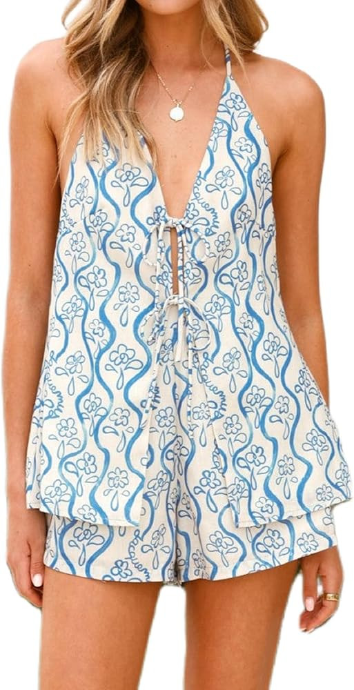 ROAONOCOMO Women Tie Front Shorts Set V Neck Halter Cami Top Y2K 2 Piece Pj Set Graphic Summer Be... | Amazon (US)