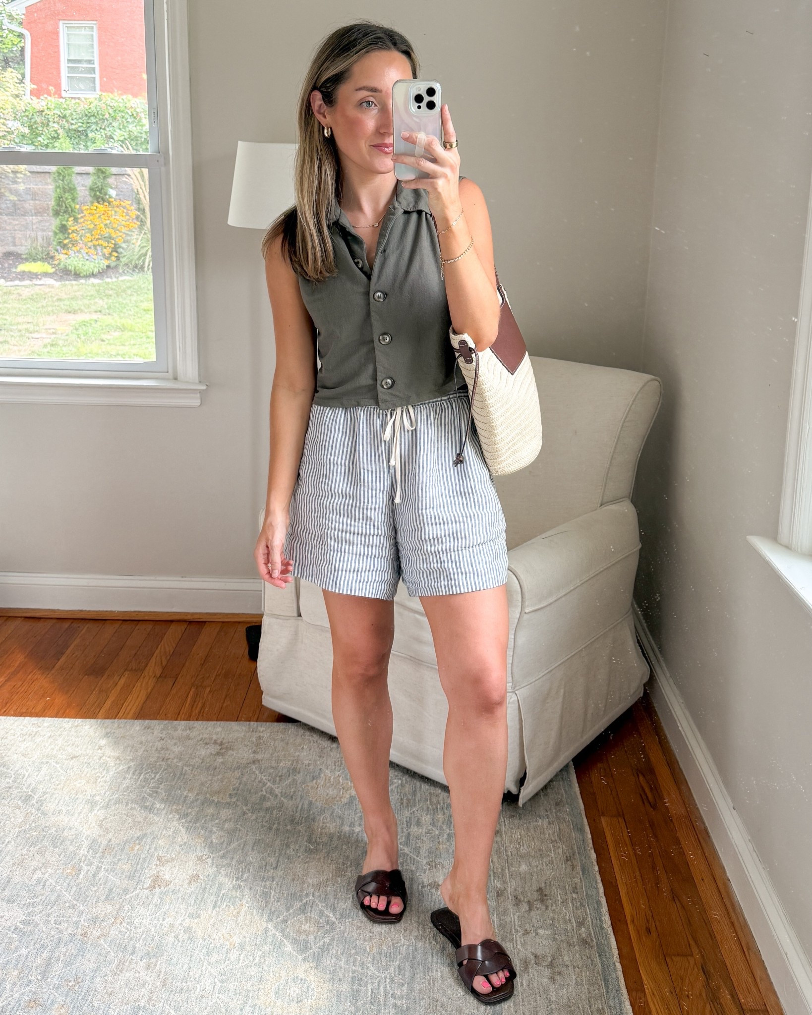 These linen shorts sold out so many times last year and I finally snagged a pair toward the end of the summer. I’m so glad they brought them back and they are included in the friends and family sale right now! Snag them for 40% off. I’m wearing a small which fits a little bit big but I like how they fit a little loose. ￼