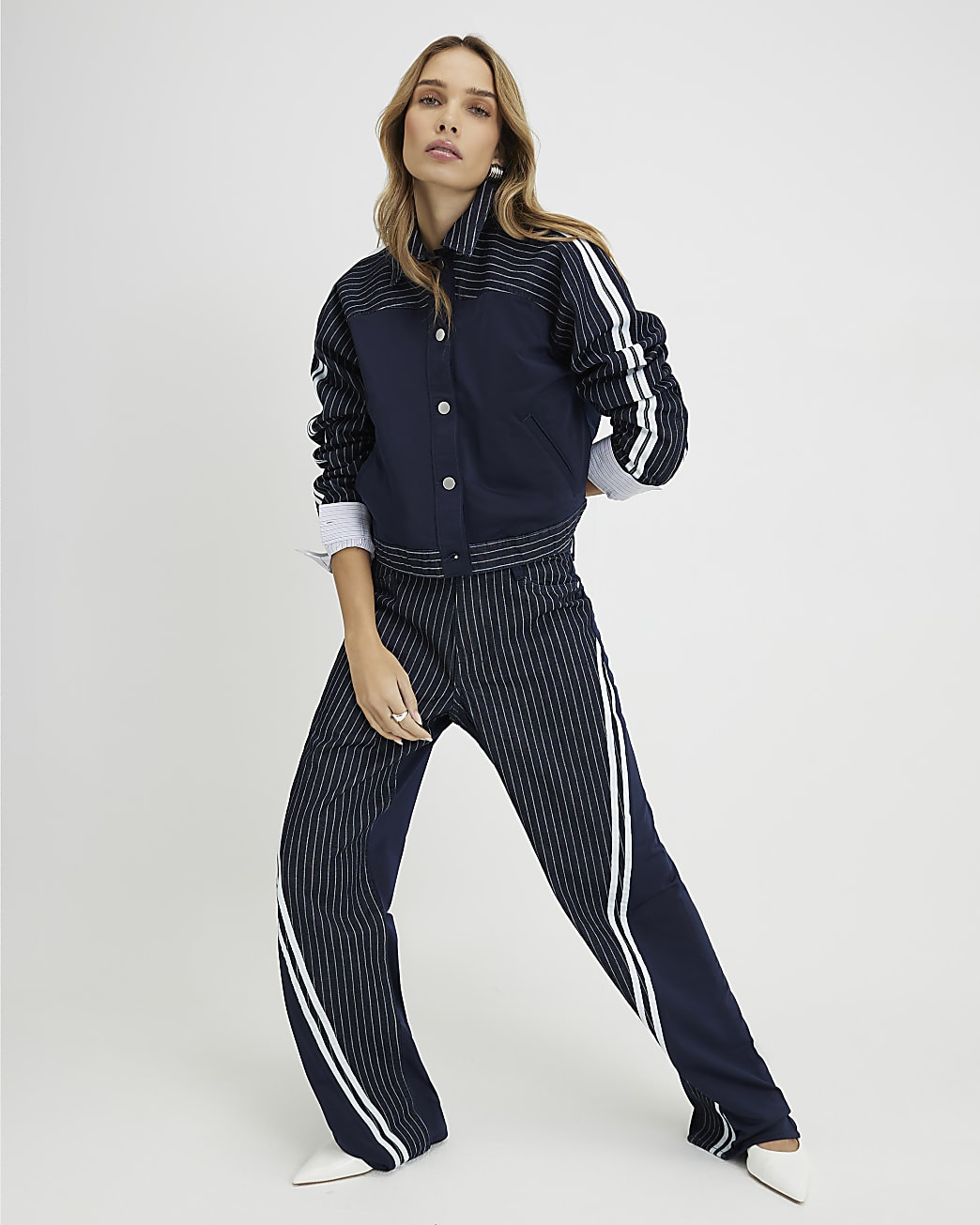 Navy Relaxed Straight Leg Stripe Hybrid Jeans | River Island UK & IE