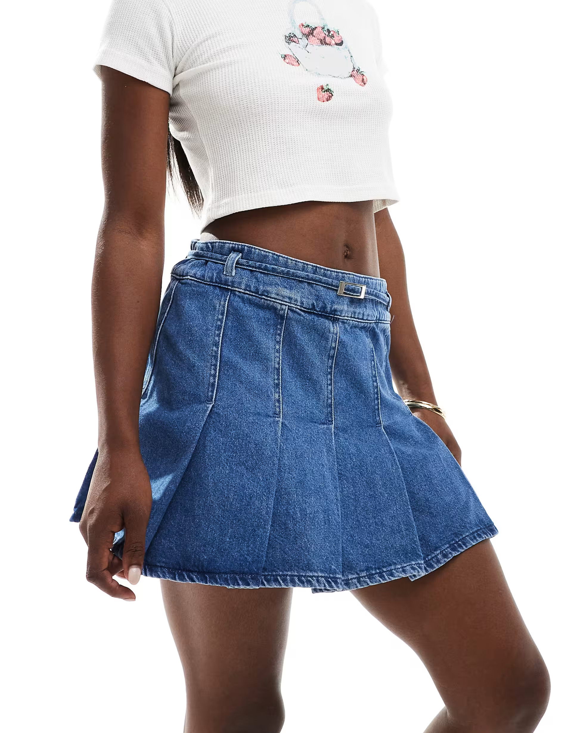 ASOS DESIGN denim pleated mini skirt with belt in midwash blue | ASOS (Global)