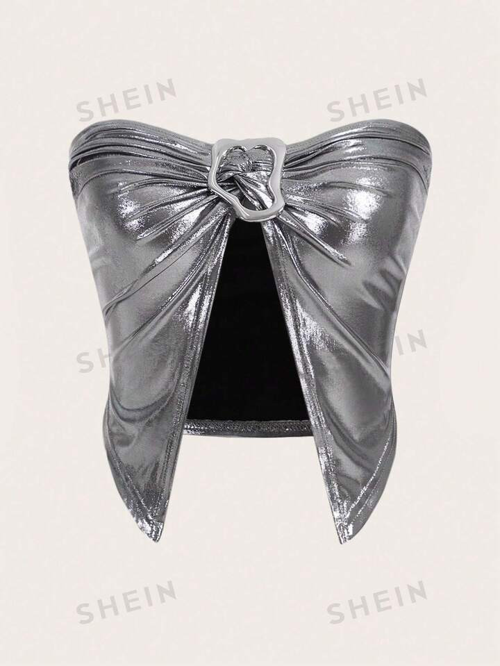 SHEIN ICON Ring Linked Asymmetrical Hem Metallic Tube Top | SHEIN