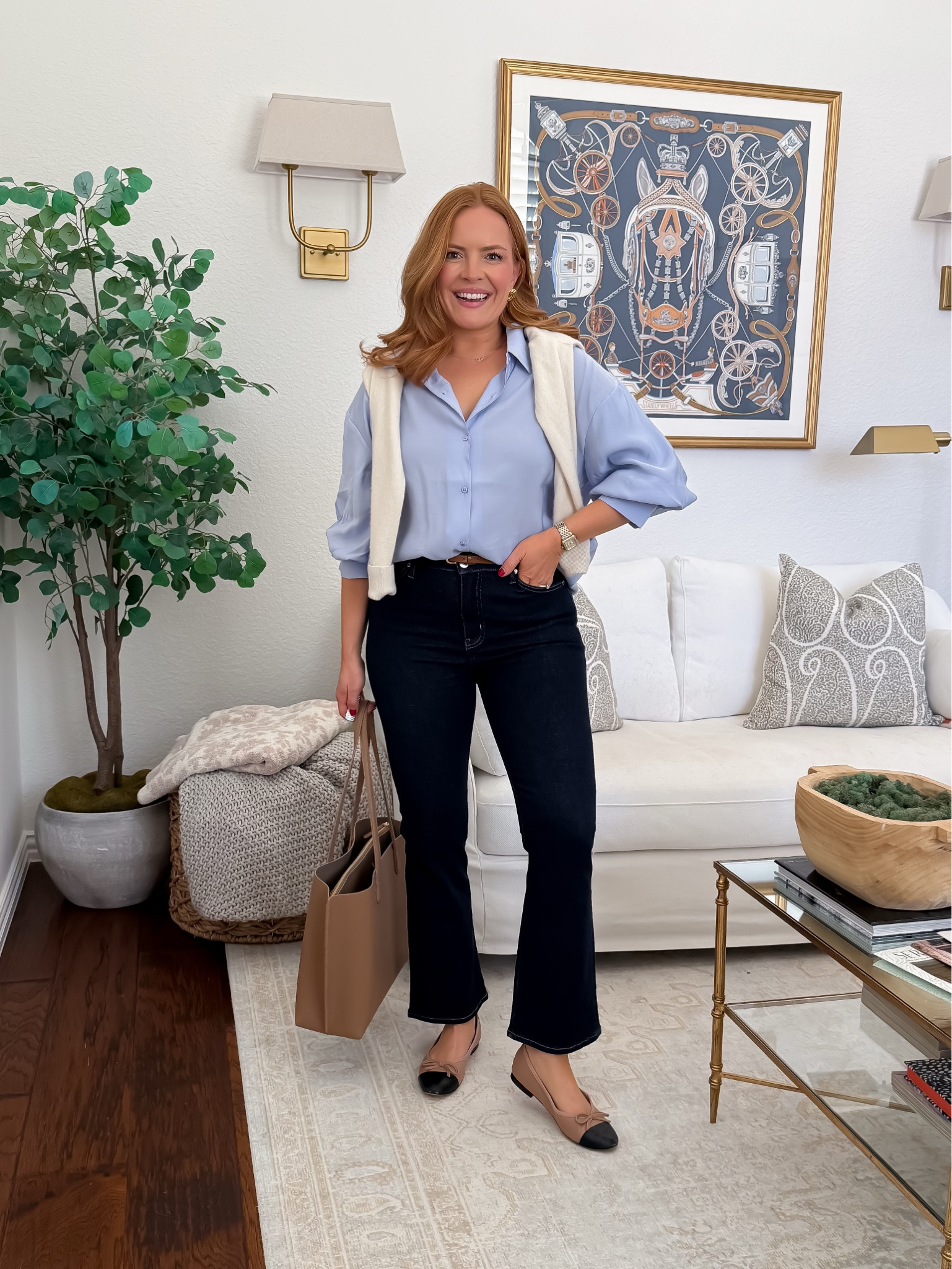 Where I’d wear it: Casual Friday or a business-casual office.

Fit & sizing: Jeans are true to size with stretch. Blouse is slightly relaxed — perfect for a front tuck.

Pros:
✔ Comfortable but still polished
✔ Great for mom-life straight to office
✔ Layers easily for chilly mornings
✔ Pieces you’ll rewear constantly

Cons:
✖ Not for formal offices
✖ Denim length may need hemming with flats

#LTKootd #LTKmomlife #LTKWorkwear