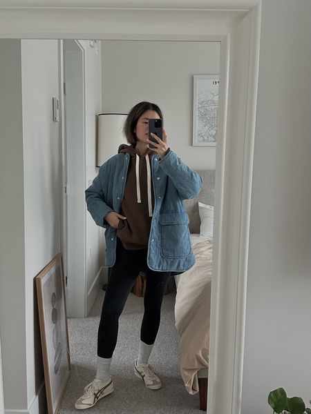 Jacket: Sezane Farel jacket. Runs large. I’m in size 2 and it’s roomy. Also linked another denim quilted jacket at a lower price point  
Hoodie: Everlane. Tts. I’m in xs
Onitsuka mexico 66