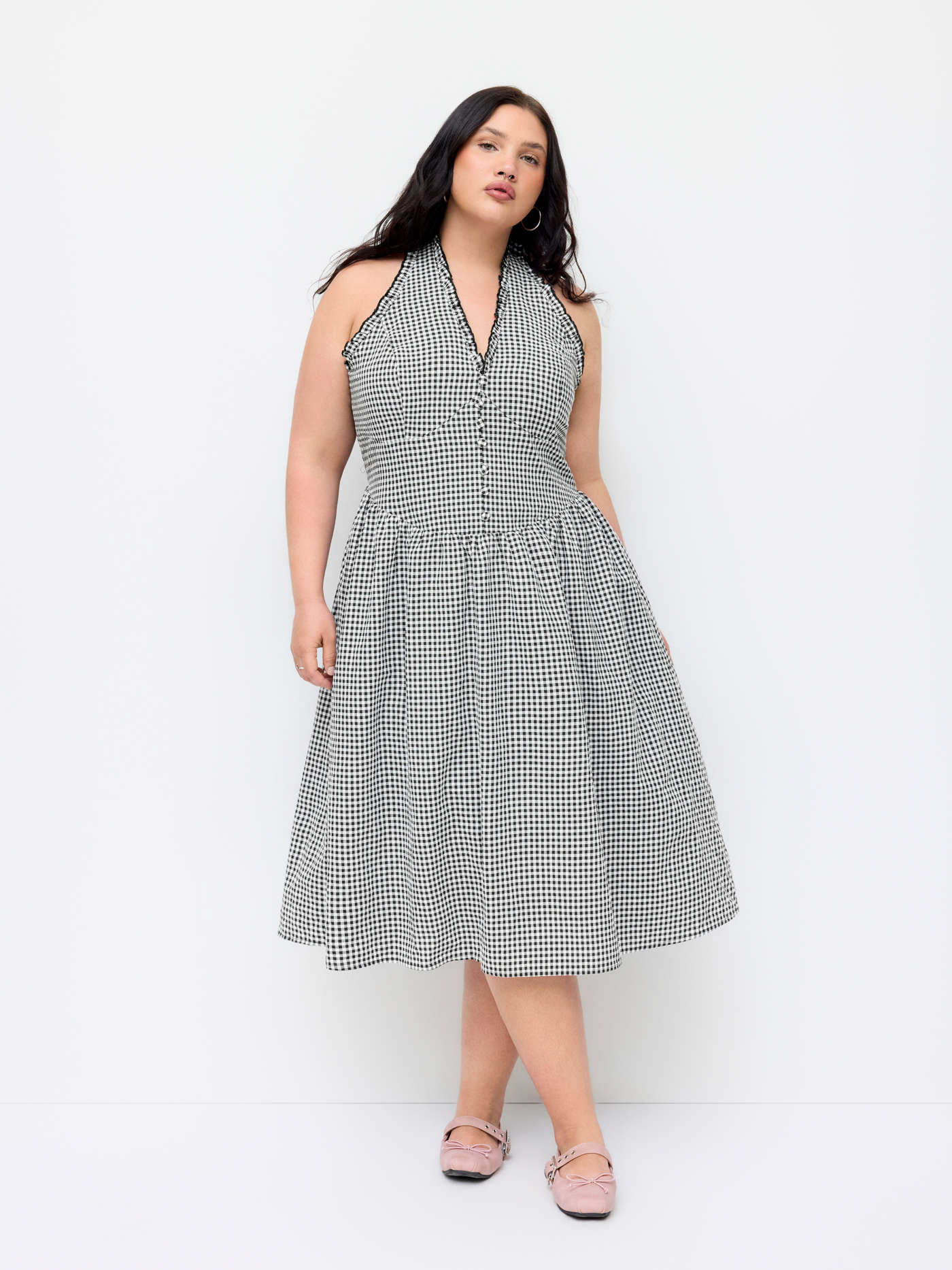 Gingham V-neck Tie Back Midi Dress Curve & Plus | Cider