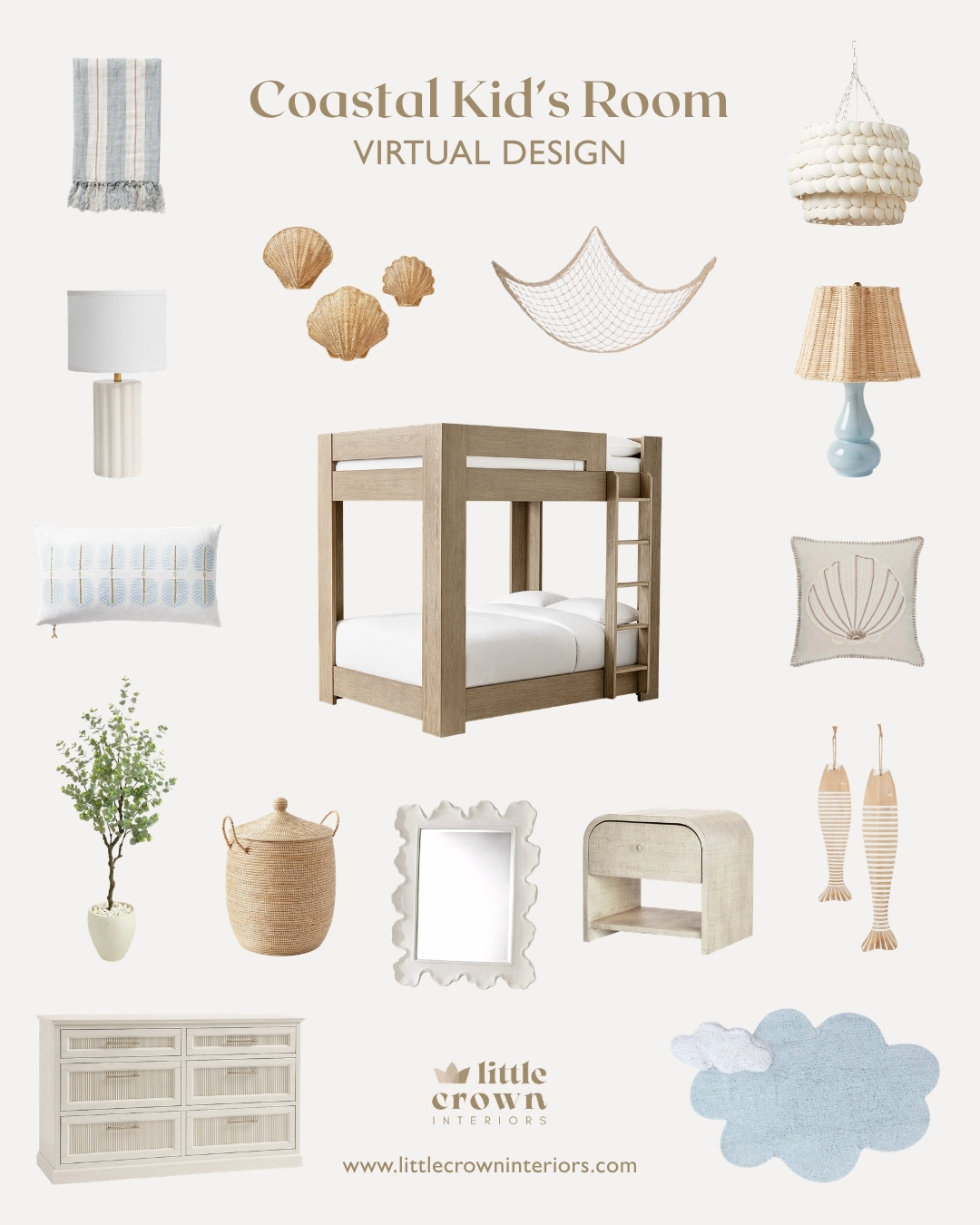 This is the year of coastal kid's rooms! I've had so many requests for coastal/beachy themes for nurseries and kid's rooms alike.⁠
⁠
This kid's room is for a client whose nursery I worked on last year, and she wanted the kid's room to be soft and serene with coastal vibes.⁠
⁠
This room is right off the entryway of the home, so she wanted it to feel elevated and sophisticated as well.⁠
⁠
Design by @littlecrowninteriors ⁠
www.littlecrowninteriors.com 

 #LTKmomlife #LTKHome #LTKKids