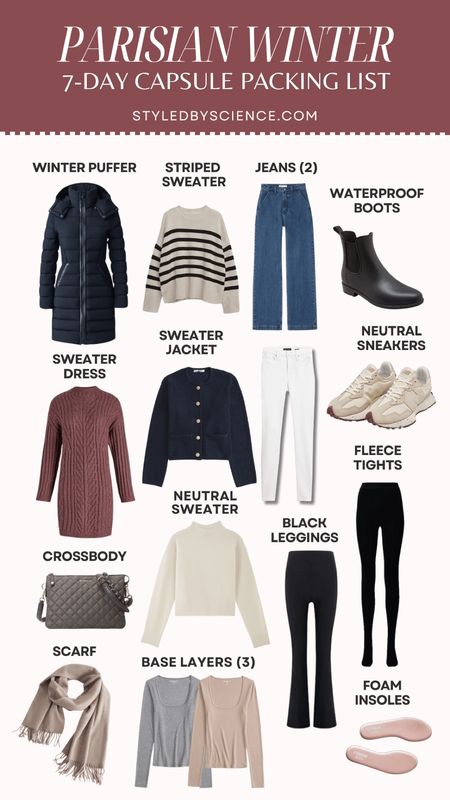 Paris 7-Day Winter Travel Capsule Wardrobe: puffer coat - runs TTS but size down if you’re in between sizes for closer fit. Striped sweater, straight leg jeans, rain boots, sweater dress, Parisian style sweater jacket, chic neutral sneakers.  

#LTKtravel #LTKfindsunder100 #LTKstyletip