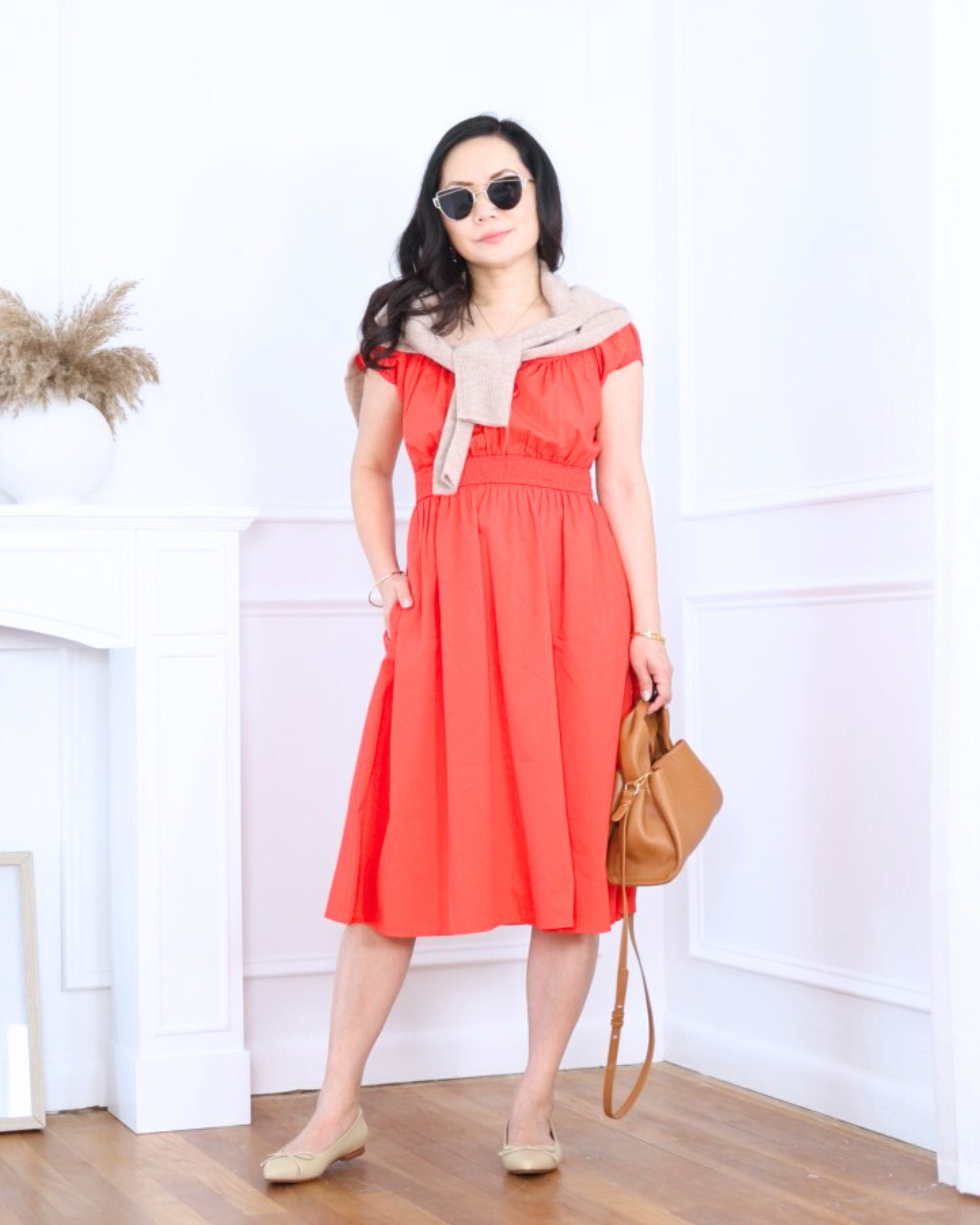 Smocked waist dress from J.Crew Factory styled with a Quince sweater, bag, and flats — easy, feminine, and effortlessly polished for a comfortable everyday look. I’m 5’2, wearing size XS.

#LTKPetite #LTKootd #LTKOver40