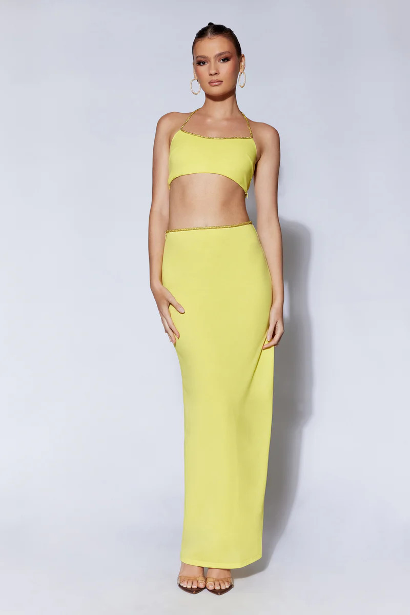 Sweeney Diamante Maxi Skirt With Split - Chartreuse | MESHKI US
