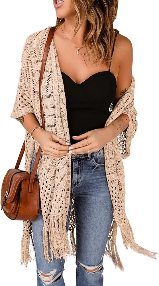Sidefeel Women's Open Front Knit Sheer Cardigans Summer Boho Lightweight Kimono Cover Ups | Amazon (US)