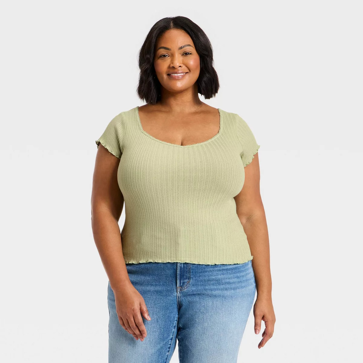 Women's Slim Fit Short Sleeve Pointelle Sweetheart Neck T-Shirt - Universal Thread™ Green XXL | Target